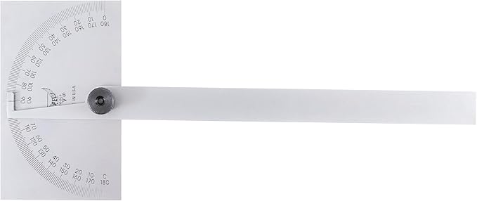PEC Tools Stainless Steel Angle Protractor with Double Graduation - Ideal for Drawing Radial Lines, Setting Bevels, Transfer Angles, 6" Blade Length, 0-180 Range, Rectangular Head, Made in USA