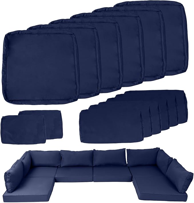 14 Piece Outdoor Patio Cushion Covers Replacement, Waterproof Outdoor Furniture Cushion Covers, Fit 7 Pcs 6 Seater Wicker Rattan Conversation Sofa Set,Navy Blue(No Piping) 25.6x25.6