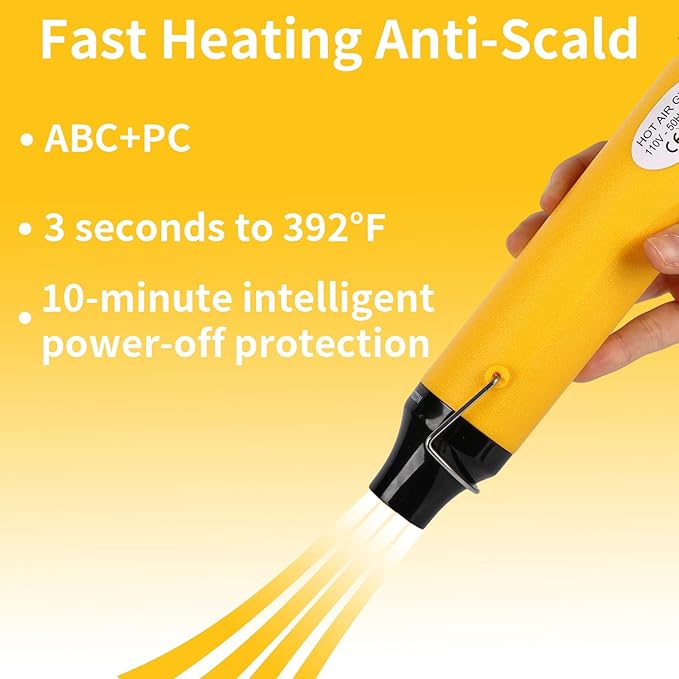Heat Gun for Crafting, 110V 300W Handed Hot Air Gun, 3.28FT Ultra-Long Cable Portable Heat Gun with Stand and Power Cord for Shrinking Wrapping PVC, DIY Embossing and Drying Paint (Yellow)