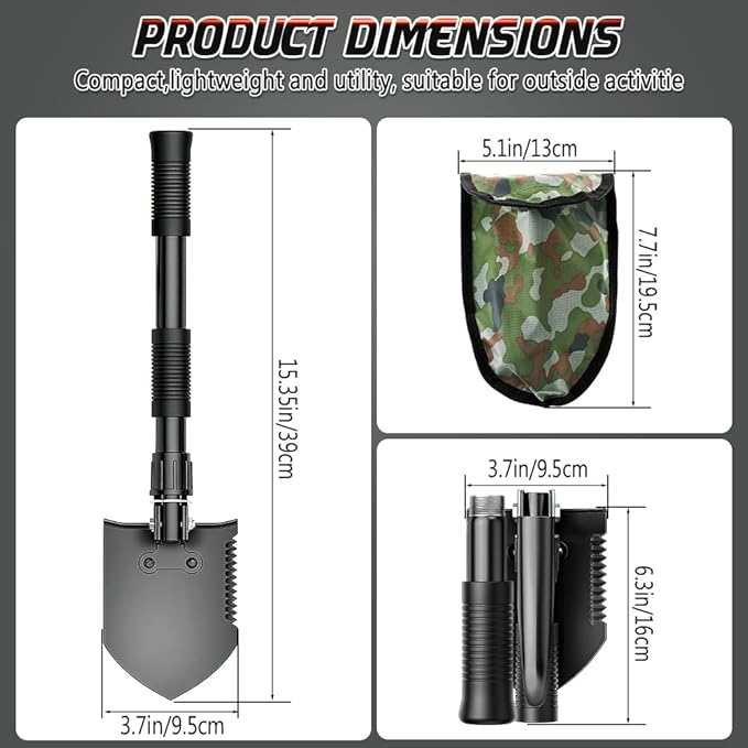 Digging Shovel, 15.35'' Lightweight Camping Shovel Portable High Carbon Steel Folding Mini Trowels for Off Road, Camping, Gardening, Beach, Digging Dirt, Sand, Mud & Snow