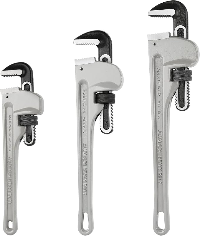 MAXPOWER Pipe Wrench Set 10" 14" 18", with 1" 2" 2.5" Jaw Capacity | Aluminum Plumber Wrenches, Straight Plumbing Wrench