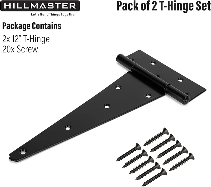 HILLMASTER 12 Inch T-Strap Heavy Duty Shed Door Hinges Gate Strap Hinges Black Tee Hinge Wrought Hardware for Wooden Fences,Yard,Barn Door,Rustproof (2 Pack)