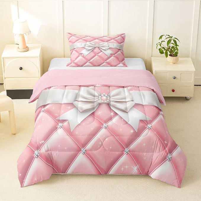 Feelyou Bow Comforter Set Twin Size Glitter Bowknot Bedding Set for Kids Boys Girls Princess Duvet Quilt Bedroom Decor Microfiber 2 Pcs with 1 Pillow Cases