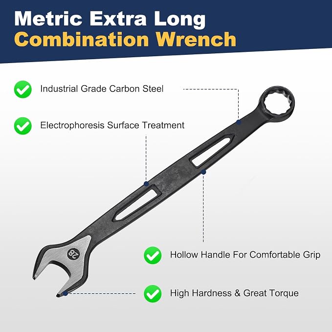 HARFINGTON 2pcs Combination Wrench 28mm Metric Extra Long 12-Point Box and Open End Carbon Steel Double Ended Industrial Grade Spanner for Automotive Furniture Machinery DIY Repair, Black
