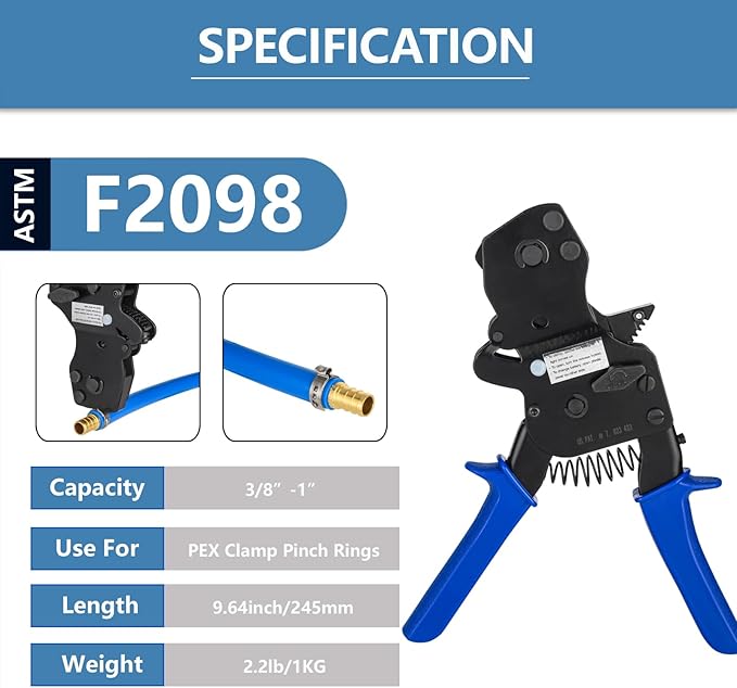 PEX Ratchet Cinch Clamp Tool for Stainless Steel Clamp Rings, One-Hand Ratchet Design Crimper Tool from 3/8", 1/2", 3/4", 5/8" and 1", ASTM2098