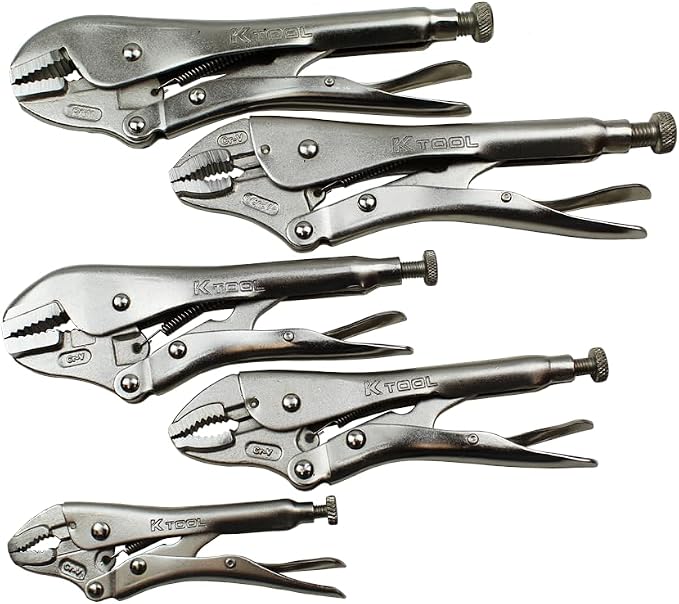 K Tool International 58730 Automotive Vice Grip Locking Straight, Curved Jaw, Needle Nose Plier Set for Garages, Repair Shops, and DIY, Heat Treated Nickel Plated Steel, Organizing Tray, 10 Piece