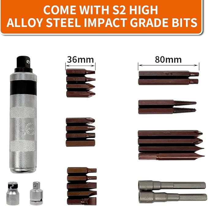 AKM Hand Manual Reversible Impact Driver Set Extractor-26 PCS Impact Screwdriver S2 Steel Hex Phillips Slotted Screwdriver Bits Much More Durable Disengage Rusted Fasteners or Frozen Bolts