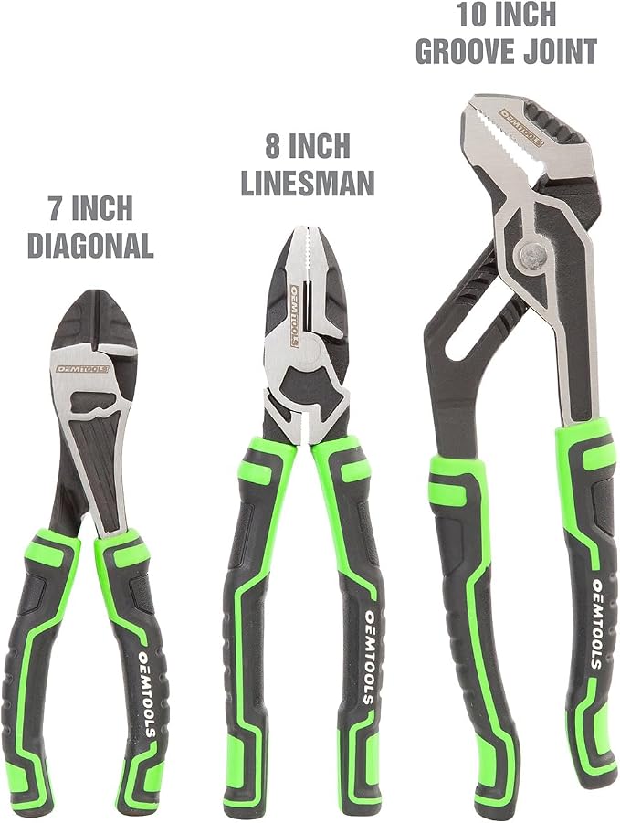 OEMTOOLS 22647 3 Piece Mechanics Pliers Set, For Cutting, Gripping, and Turning Tasks, Includes Diagonal, Linesman, and Groove Joint Pliers, Hardened Edges, Rust-Resistant Finish, TPR Grips