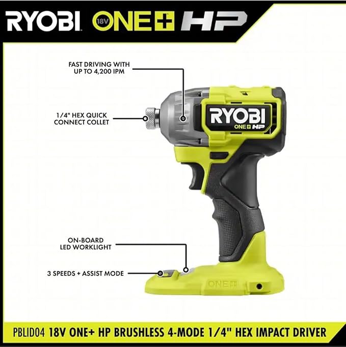 RYOBI ONEAND HP 18V BRUSHLESS Cordless 4-Mode Impact Driver Tool ONLY PBLID04B