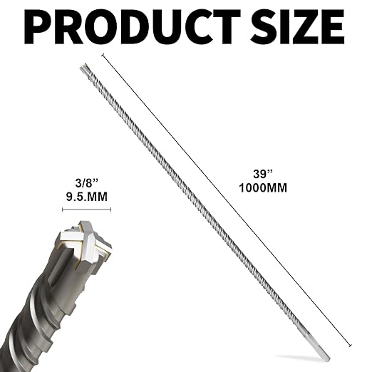 SDS Plus Rotary Hammer Drill Bits, (3/8"*39"-9.5mm*1000mm) - 4 Carbide Cutting Edges, Ideal for Masonry| Heavy-Duty Masonry |Hammer Drill Bits for Precision Drilling