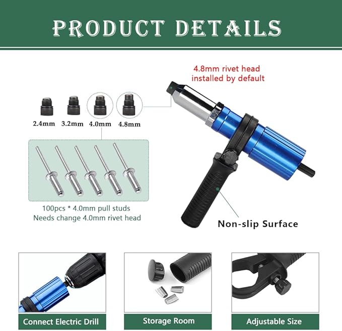 Rivet Gun Adapter Kit, Riveting Gun Head Tool for Cordless Drill, with 4 Rivet Head/Removable Handle/100pcsx4.0mm Studs (Blue)