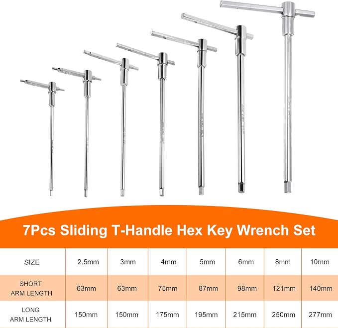 HARFINGTON 7pcs Sliding T-Handle Hex Key Wrench Set 2.5mm-10mm Metric 3-Way Free Sliding Handle Sleeves for Home Repair