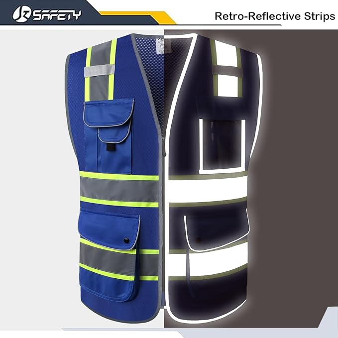 JKSafety 9 Pockets High Visibility Zipper Front MESH Blue Safety Vest | Blue with Dual Tone High Reflective Strips | ANSI/ISEA Standards (100-Blue, XXL)