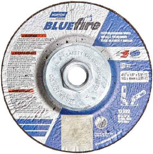 Norton Blue Fire Plus Fast Cut Depressed Center Abrasive Wheel, Type 27, Zirconia Alumina and Aluminum Oxide, 5/8"-11 Hub, 4-1/2" Diameter x 1/8" Thickness (Pack of 10)