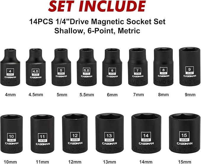 CASOMAN 14PCS 1/4"Drive Magnetic Impact Socket Set, Shallow, 6-Point, Metric, 4mm to 15mm, CR-MO Steel