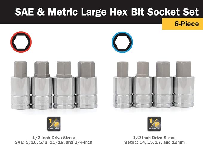 Titan 16132 SAE/Metric Large Hex Bit Socket Set - 8 Piece