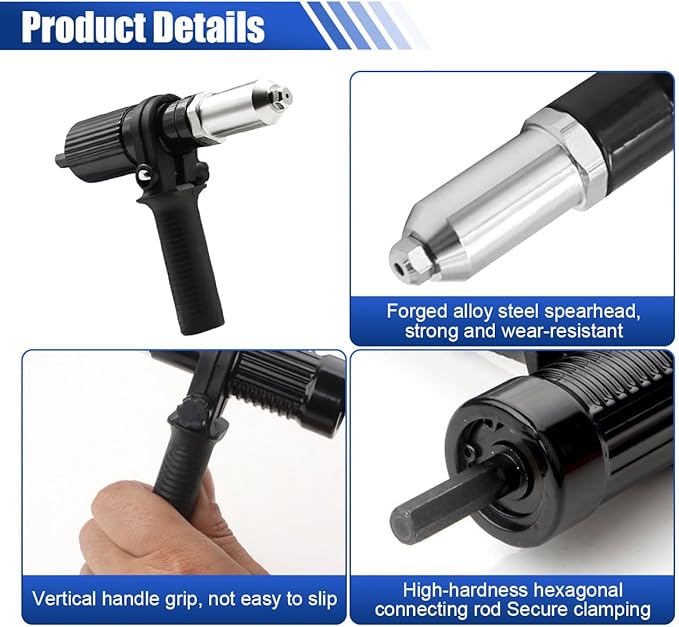 Pop Rivet Gun Tool, Cordless Electric Power Drill Adapter Kit with 4 Rivet Heads 2.4mm/3.2mm/4.0mm/4.8mm, Riveter Insert Nut Tool Attachment for Auto Modification & Repair (Black)