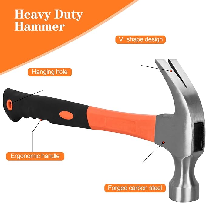 2pcs 16oz Claw Hammer, Straight Rip Claw Hammer, Fiberglass General Purpose Hammer with Smooth Face & Non-slip Grip