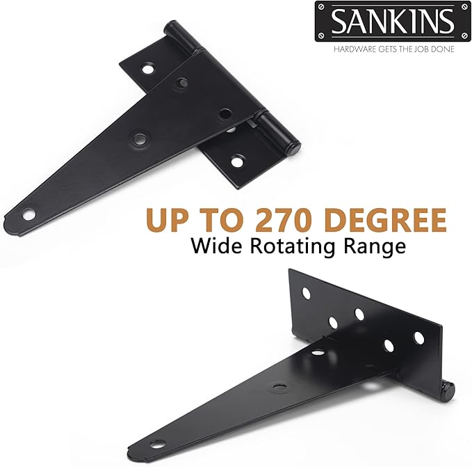 8 Inch T-Strap Shed Door Hinges Heavy Duty, Black Tee Hinge for Wooden Fences, Yard Door, Barn Door Gates, Wrought Hardware Rustproof, 6 PCS