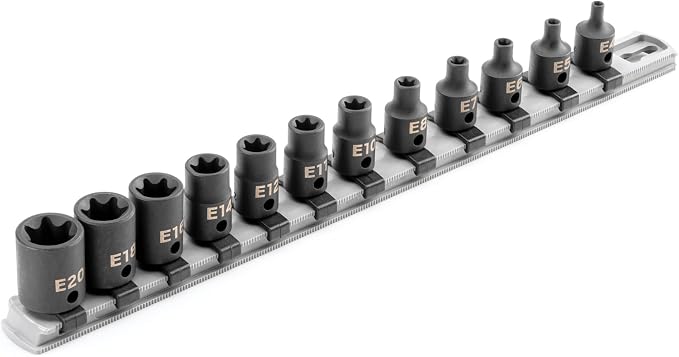 TEKTON 3/8 Inch Drive External Star Impact Socket Set, 12-Piece | SID91116 | (E4 - E20), Shallow, Socket Rail