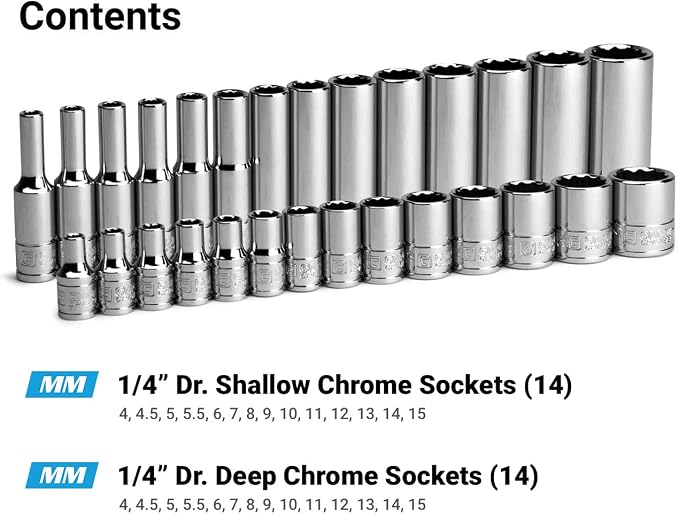 Capri Tools 1/4 in. Drive 12-Point Shallow and Deep Socket Set, Metric, 4 to 15 mm, 28-Piece with Billet Aluminum Socket Rail