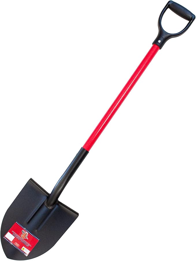Bully Tools Round Point Heavy Duty Shovel - 12-Gauge Fiberglass D-Grip Handle, Metal Construction, Ideal for Gardening, Digging and Landscaping, Square and Flat Head Design - 100% Made in The USA