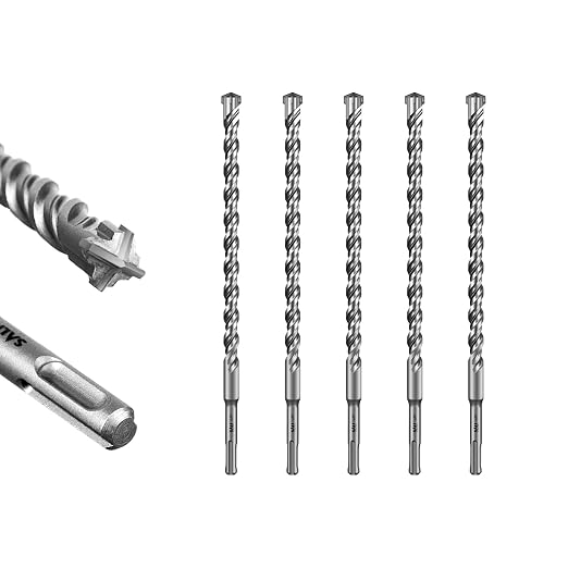 SALI 5 Pcs 5/8"*12" SDS Plus Rotary Hammer Drill Bit Concrete Drill Bit Kit Cross-Type Double Thread Carbide Material Suitable for Brick, Cement Walls, Stone, Hammer Drill Bits