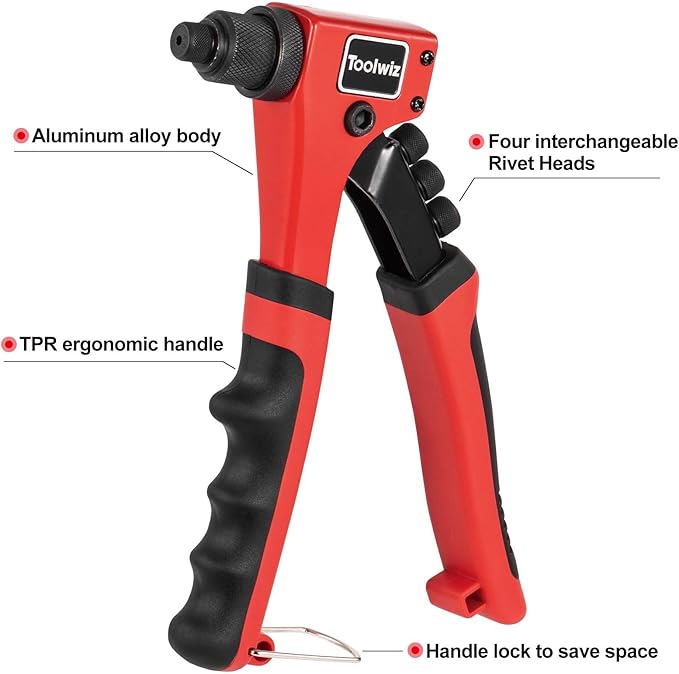 Toolwiz Rivet Gun One-Handed Rivet Gun Kit with 200pcs Rivets, 4pcs Tool-Free Interchangeable Heads and 4pcs Drill Bits - Heavy Duty Hand Riveter for Metal, Wood, Plastic, Leather, Fabric