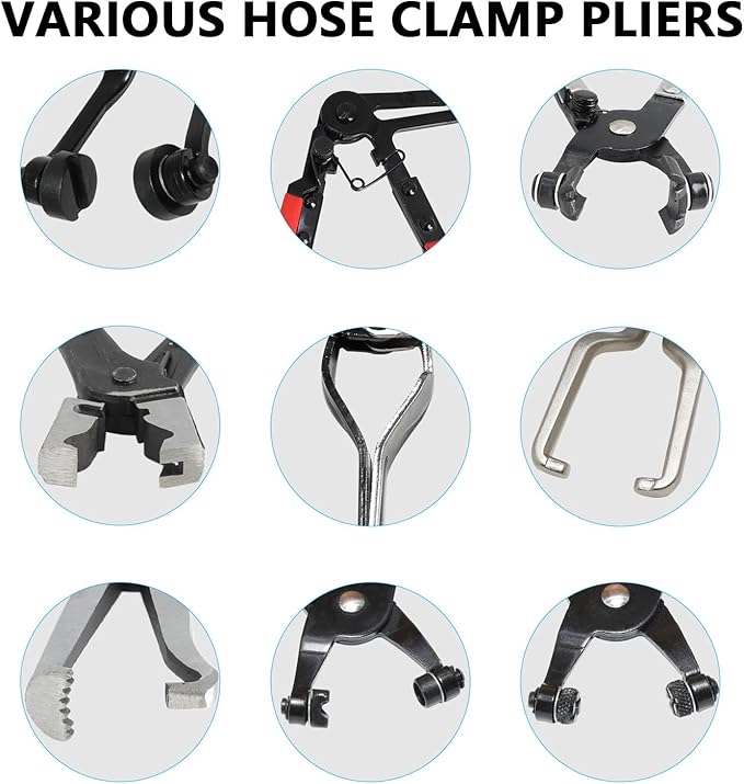 DPTOOL Hose Clamp Pliers Set 15pcs Hose Clamp Removal and Installation Tool Kit for Automotive Coolant Radiator Heater, Water Hose, fuel lines etc, with 2pcs Electrical Disconnect Pliers