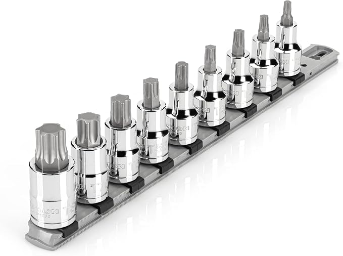TEKTON Torx Bit Socket Set with Rail, 9-Piece | SHB92107 | 1/2 Inch Drive, (T30 - T80), Socket Rail