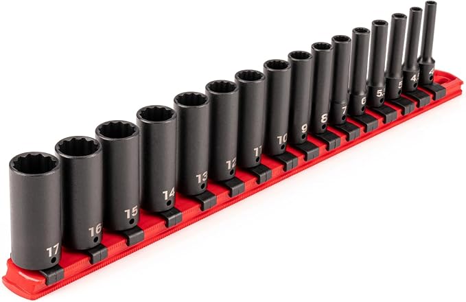 TEKTON 1/4 Inch Drive Impact Socket Set, 16-Piece | SID90107 | (4 - 17 mm), Deep, 12-Point, Socket Rail