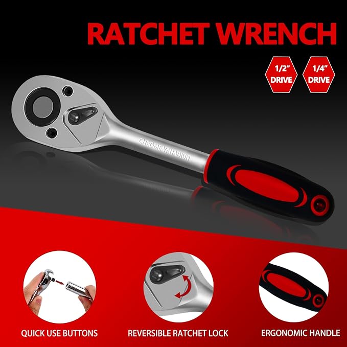 XHTT 94 Piece Tools For Mechanics,Metric And Standard 1/4,1/2 Socket Set,And Ratchet Set,Universal Joint,Extension Bars And Quick Release Reversible Ratchet Wrench,Plastic Toolbox Storage.