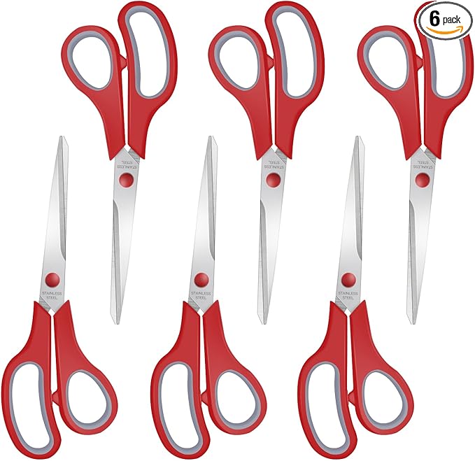 6 Packs Sewing Craft Scissors Bulk,8" Multipurpose Heavy Duty Sharp Scissors,Stainless Steel Shears for Home Office Student Supplies,Red