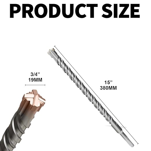 SDS Plus Rotary Hammer Drill Bit, 3/4"×15"（19mm×380mm） - 4 Carbide Cutting Edges & Coated Head | Heavy-Duty for Masonry, Concrete, Natural Stone, Brick Walls