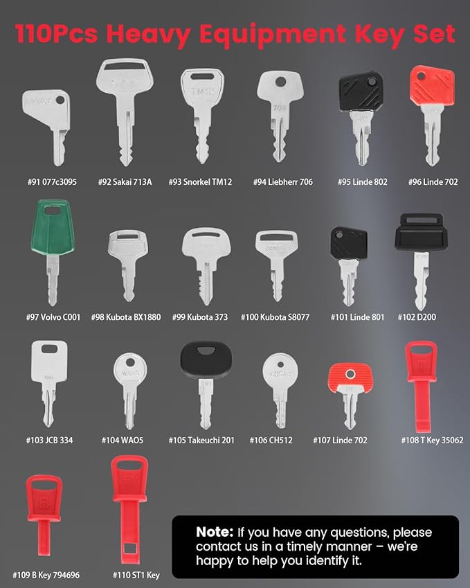 110PCS Non-Duplicate Heavy Equipment Keys Master Set Construction Ignition Key, 2 Sets of 28-Clip Marked Keychains, Operator Keys for cat John Deere Komatsu etc. Fit Excavator Forklift Tractor etc.