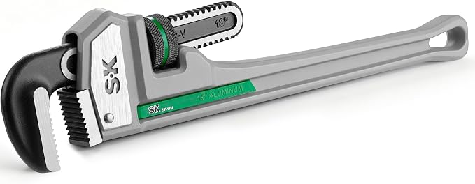 SK 18'' Pipe Wrench, Adjustable Plumbers Wrench, Aluminum Plumbing Wrench | Large Jaw Capacity 1/2'' to 2-1/2'', Lightweight I-Beam Handle, Serrated Jaw for Anti-Slip Grip, Drop-Forged Cr-V Steel Head