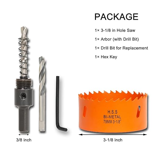 3-1/8 Inch Hole Saw with Arbor for Wood Metal Plastic, 3.125 in Bimetal Hole Cutter, Fast Chip Removal, Smooth Flat Drilling Edge
