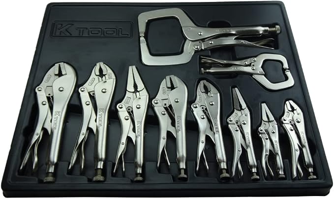 K Tool International 58730 Automotive Vice Grip Locking Straight, Curved Jaw, Needle Nose Plier Set for Garages, Repair Shops, and DIY, Heat Treated Nickel Plated Steel, Organizing Tray, 10 Piece