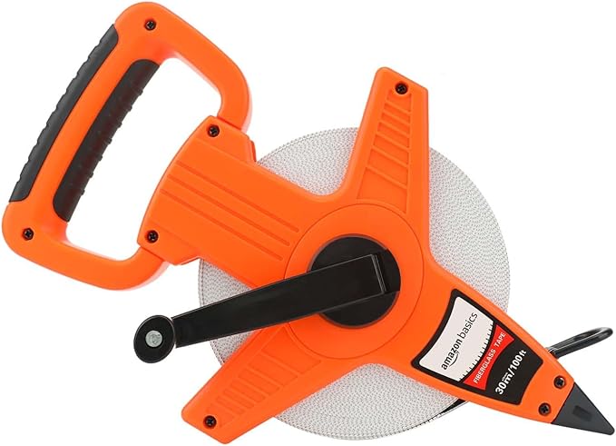 Amazon Basics Open Reel Fiberglass Measuring Tape, Versatile, Reliable, Shock-Absorbing Handle, Inch/Metric Scale, Impact Resistant Shell, 100-feet (30-Meters) by 1/2-Inch, Orange
