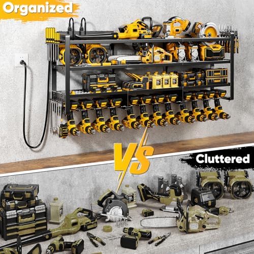 POKIPO Power Tool Organizer Wall Mount with Charging Station, 4 Tier Tool Battery Storage Rack Built in 8 Outlet Power Strip for Garage, 49" W, Black