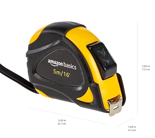 Amazon Basics Self-Locking Tape Measure with Belt Clip, 16-Feet (5-Meters), Inch/Metric Scale, MID Accuracy, Black, Yellow