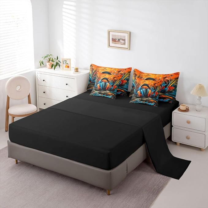 Erosebridal Gaming Headset 7 Piece Comforter Set Full Bed in a Bag | Graffiti Gamer Bedding Sets Doodle Style Comforter and Sheet Set, Gaming Headphones Bed Sets