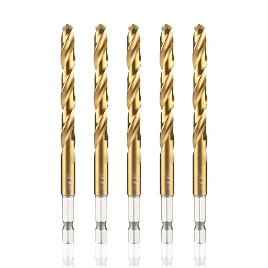 amoolo 5/16 Impact Drill Bit Sets, 5Pcs Titanium HSS Twist Hex Shank Drill Bit Set for Metal, Steel, Wood, Plastic, Quick Change Design