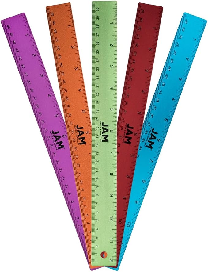 JAM PAPER Strong Aluminum Rulers - 12 Inch - Metal Rulers with Non-Skid Cork Backing - Rainbow Assortment - 5/Pack