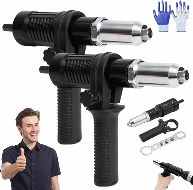 Professional Electric Rivet Gun Adapter Kit, Rivet Gun Adapter with Removable Plastic Handle, Alloy Steel Riveting Tool Attachment for Cordless Drill for Metal & Aluminum Work (2set)