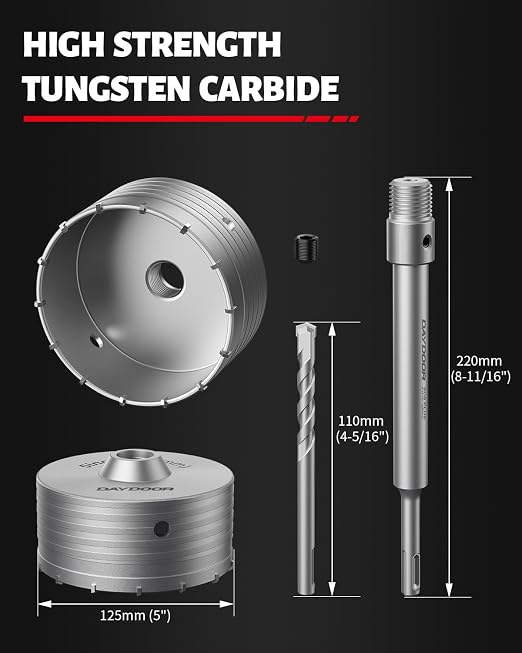 DAYDOOR 5'' (125mm) Concrete Hole Saw with SDS Plus Shank Adapter, Tungsten Carbide Tipped Masonry Hole Saw, Heavy Duty Concrete Core Drill Bit for Brick, Cement Wall, and Stone