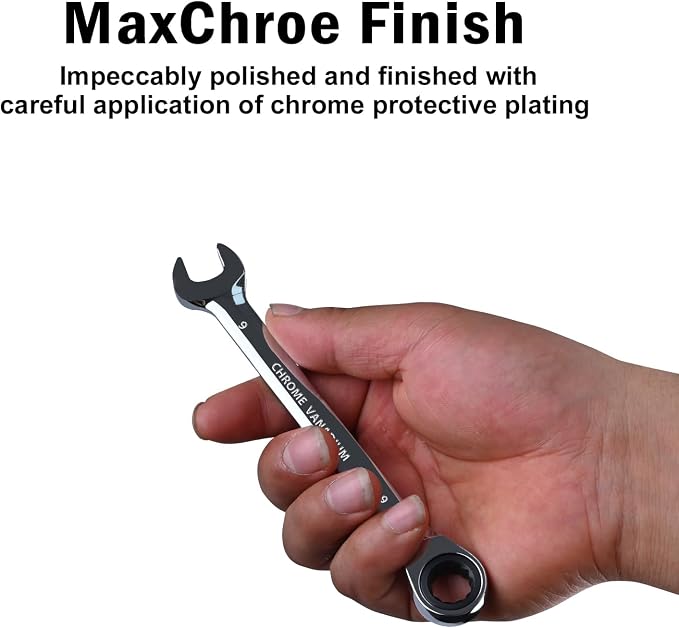 Egofine 9mm Ratcheting Combination Wrench Metric, Industrial Grade Gear Spanner with 12-Point Design, 72-Tooth Ratchet, Chrome Vanadium Steel