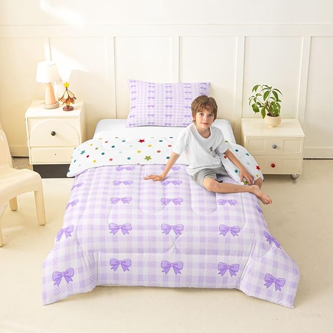 Feelyou Purple Bow Checkered Kids Comforter Set Toddler Size Chic Grid Bowknot Bedding Set Girly Duvet Quilt for Kids Boys Girls Bedroom Decor Microfiber Ultra Soft Breathable