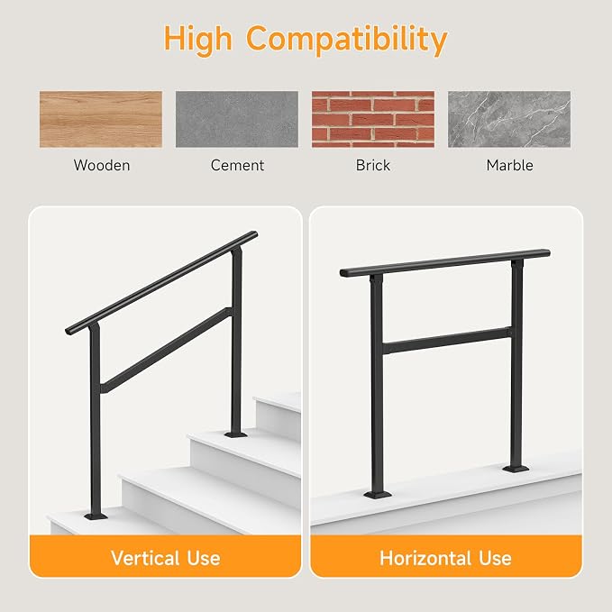 Hand Rails for Outdoor Steps 2-5 Steps Wrought Iron Handrails | Stair Railing for Porch, Home, Garden, Indoor, Staircase Handrails for Wooden, Cement, Brick, Marble (3 Steps)