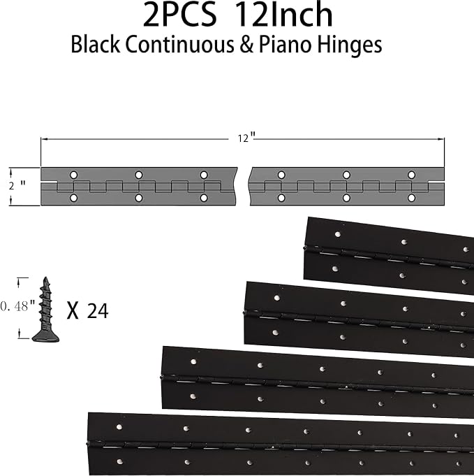 2-Pack 12-Inch Black Stainless Steel Heavy Duty Continuous & Piano Hinge, 2" Open Width Piano Boat Hinges, with Pre-Drilled Holes and Screws, Ideal for Piano Cabinets ane Wooden Box.